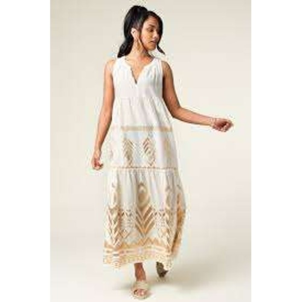 Greek Archaic Kori White Peach Embroidered Sleeveless Linen Maxi Dress SMALL